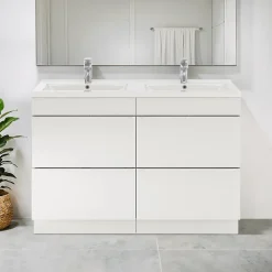 Meuble vasque à poser blanc brillant l.120 cm Imandra + plan double vasque blanc céramique Nira, GoodHome