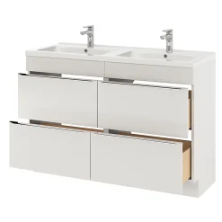 Meuble vasque à poser blanc brillant l.120 cm Imandra + plan double vasque blanc céramique Nira, GoodHome