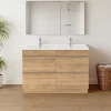Meuble vasque à poser effet chêne l.120 cm Imandra + plan double vasque blanc céramique Nira, GoodHome