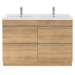 Meuble vasque à poser effet chêne l.120 cm Imandra + plan double vasque blanc céramique Nira, GoodHome