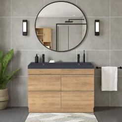 Meuble vasque à poser effet chêne clair l.120 cm Imandra + plan vasque noir résine, GoodHome