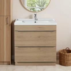 Meuble vasque à poser effet chêne l.80 cm Imandra + plan vasque blanc céramique Lana, GoodHome