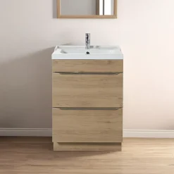 Meuble vasque à poser effet chêne l.60 cm Imandra + plan vasque blanc céramique Lana, GoodHome