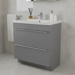 Meuble vasque à poser gris l.80 cm Imandra + plan vasque blanc céramique Nira, GoodHome