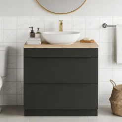 Meuble vasque à poser noir mat l.80 cm Imandra + plan de toilette chêne massif Hartland, GoodHome