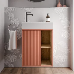 Meuble vasque Abricot mat de salle de bain 55x24x59cm (LxPxH) 1 porte à gauche + 2 cases rangement - BELDIVO