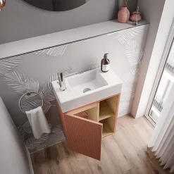Meuble vasque Abricot mat de salle de bain 55x24x59cm (LxPxH) 1 porte à gauche + 2 cases rangement - BELDIVO