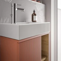 Meuble vasque Abricot mat de salle de bain 55x24x59cm (LxPxH) 1 porte à gauche + 2 cases rangement - BELDIVO