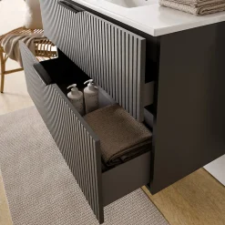 Meuble vasque Anthracite mat strié de salle de bain 60x46x62cm (LxPxH) + vasque céramique, Poignées chrome - TIM60