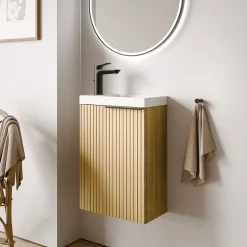 Meuble vasque Beige strié de salle de bain 40x22x55cm (LxPxH) + vasque céramique, Poignée Noir mat - TIM40