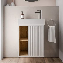 Meuble vasque Blanc mat de salle de bain 55x24x59cm (LxPxH) 1 porte à droite + 2 cases rangement - BELDIVO