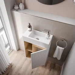 Meuble vasque Blanc mat de salle de bain 55x24x59cm (LxPxH) 1 porte à droite + 2 cases rangement - BELDIVO