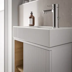 Meuble vasque Blanc mat de salle de bain 55x24x59cm (LxPxH) 1 porte à droite + 2 cases rangement - BELDIVO