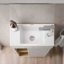 Meuble vasque Blanc mat de salle de bain 55x24x59cm (LxPxH) 1 porte à droite + 2 cases rangement - BELDIVO