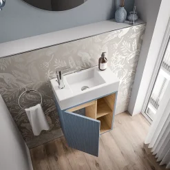 Meuble vasque Bleu azur mat de salle de bain 55x24x59cm (LxPxH) 1 porte à gauche + 2 cases rangement - BELDIVO