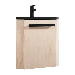 Meuble vasque d'angle compact suspendu effet chêne + plan vasque noir en résine, Homesight Skino