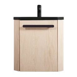 Meuble vasque d'angle compact suspendu effet chêne + plan vasque noir en résine, Homesight Skino