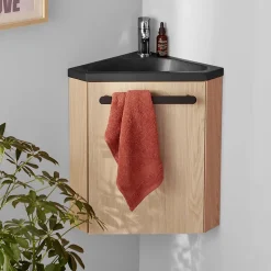 Meuble vasque d'angle compact suspendu effet chêne + plan vasque noir en résine, Homesight Skino