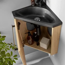 Meuble vasque d'angle compact suspendu effet chêne + plan vasque noir en résine, Homesight Skino