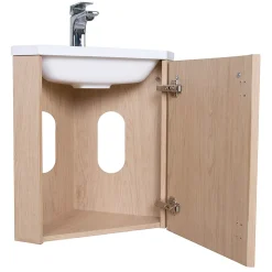 Meuble vasque d'angle compact suspendu effet chêne + plan vasque blanc en résine, Homesight Skino
