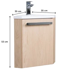 Meuble vasque d'angle compact suspendu effet chêne + plan vasque blanc en résine, Homesight Skino