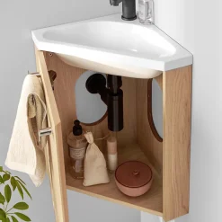 Meuble vasque d'angle compact suspendu effet chêne + plan vasque blanc en résine, Homesight Skino