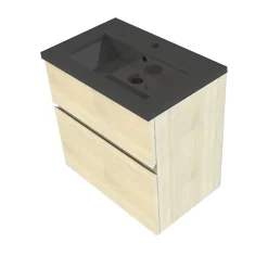 Meuble vasque faible profondeur suspendu effet chêne l.60 cm + plan vasque noir en résine, Calao
