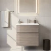Meuble vasque faible profondeur suspendu effet chêne clair l.60 cm + plan vasque blanc en résine, Calao