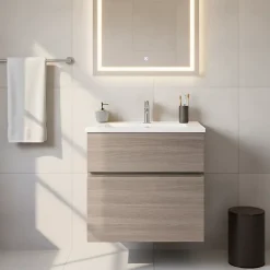 Meuble vasque faible profondeur suspendu effet chêne clair l.60 cm + plan vasque blanc en résine, Calao