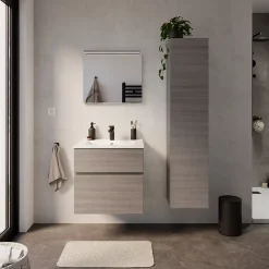 Meuble vasque faible profondeur suspendu effet chêne clair l.60 cm + plan vasque blanc en résine, Calao