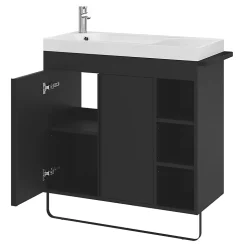 Meuble vasque faible profondeur noir avec porte-serviettes l.85 x H.82 x P.36 cms + plan vasque blanc résine, GoodHome Maza
