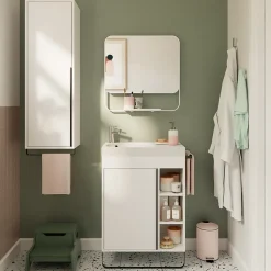Meuble vasque faible profondeur blanc avec porte-serviettes l.65 x H.82 x P.36 cm + plan vasque résine blanc, GoodHome Maza