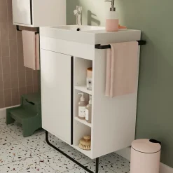 Meuble vasque faible profondeur blanc avec porte-serviettes l.65 x H.82 x P.36 cm + plan vasque résine blanc, GoodHome Maza