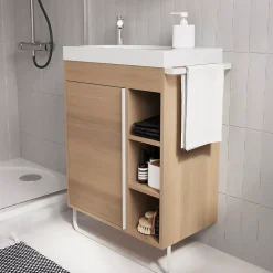 Meuble vasque faible profondeur effet bois avec porte-serviettes l.65 x H.82 x P.36 cm Maza + plan vasque résine, GoodHome Maza