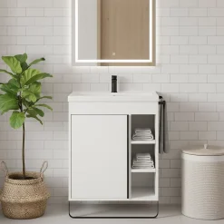 Meuble vasque faible profondeur blanc avec porte-serviettes l.65 x H.82 x P.36 cm Maza + plan vasque céramique blanc Nira, GoodHome