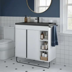 Meuble vasque faible profondeur blanc avec porte-serviettes l.85 x H.82 x P.36 cm Maza + plan vasque céramique noir Nira, GoodHome