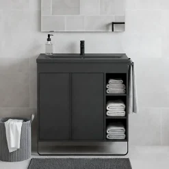 Meuble vasque faible profondeur noir avec porte-serviettes l.85 x H.82 x P.36 cm Maza + plan vasque noir céramique Nira, GoodHome