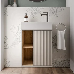 Meuble vasque Gris soie de salle de bain 55x24x59cm (LxPxH) 1 porte à droite + 2 cases rangement - BELDIVO