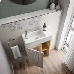 Meuble vasque Gris soie de salle de bain 55x24x59cm (LxPxH) 1 porte à gauche + 2 cases rangement - BELDIVO