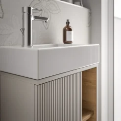 Meuble vasque Gris soie de salle de bain 55x24x59cm (LxPxH) 1 porte à gauche + 2 cases rangement - BELDIVO