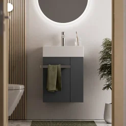 Meuble vasque lave-main Anthracite mat 45x35x50cm (LxPxH) 1 tiroir + rangement droite + poignée Chrome - COMPACT450