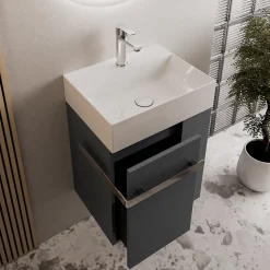 Meuble vasque lave-main Anthracite mat 45x35x50cm (LxPxH) 1 tiroir + rangement droite + poignée Chrome - COMPACT450
