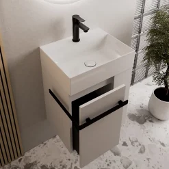 Meuble vasque lave-main Blanc mat 45x35x50cm (LxPxH) 1 tiroir + rangement droite + poignée Noir mat - COMPACT450