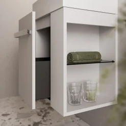 Meuble vasque lave-main Blanc mat 45x35x50cm (LxPxH) 1 tiroir + rangement droite + poignée Chrome - COMPACT450