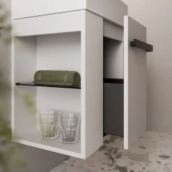 Meuble vasque lave-main Blanc mat 45x35x50cm (LxPxH) 1 tiroir + rangement gauche + poignée Noir mat - COMPACT450