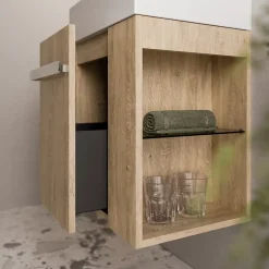Meuble vasque lave-main Chêne miel 45x35x50cm (LxPxH) 1 tiroir + rangement droite + poignée Chrome - COMPACT450