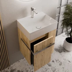 Meuble vasque lave-main Chêne miel 45x35x50cm (LxPxH) 1 tiroir + rangement droite + poignée Chrome - COMPACT450