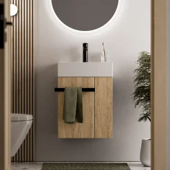Meuble vasque lave-main Chêne miel 45x35x50cm (LxPxH) 1 tiroir + rangement droite + poignée Noir mat - COMPACT450