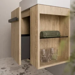 Meuble vasque lave-main Chêne miel 45x35x50cm (LxPxH) 1 tiroir + rangement droite + poignée Noir mat - COMPACT450