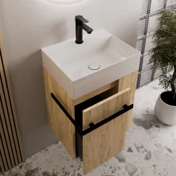 Meuble vasque lave-main Chêne miel 45x35x50cm (LxPxH) 1 tiroir + rangement droite + poignée Noir mat - COMPACT450